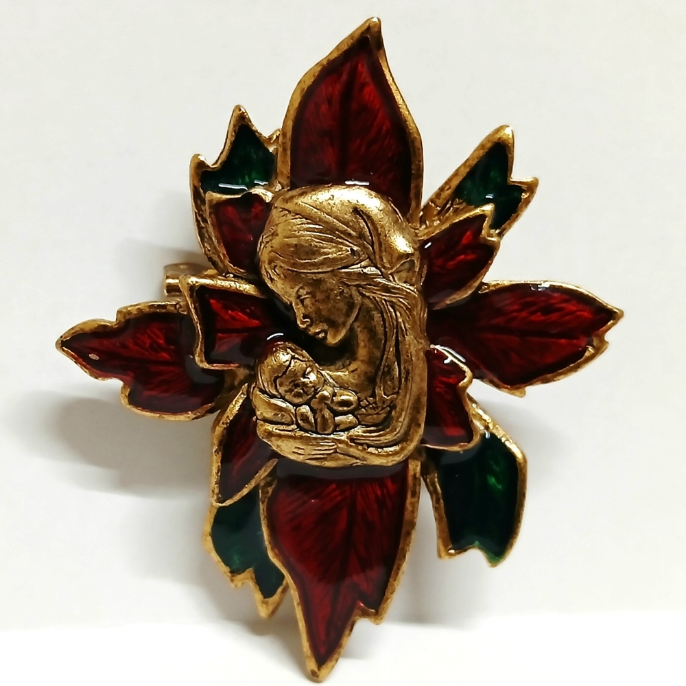 Vintage Enameled Goldtone Christmas Madonna Brooch